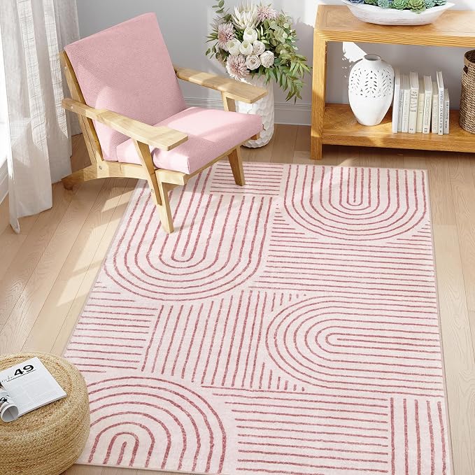 Lahome Abstract Washable Pink Rug, 4x6 Rugs for Bedroom Nursery Living Room | Non Slip Modern Rug Ultra-Thin Non-Shedding Throw Carpet for Entryway Kitchen Office(4'x6', Pink)