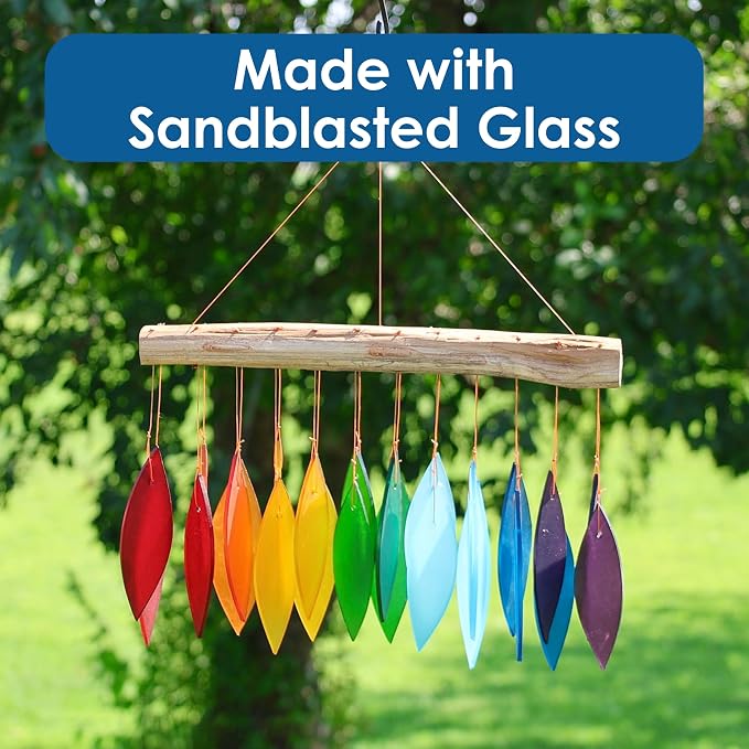 Blue Handworks Rainbow Glass Chime, Sandblasted Glass and Found Wood Handcrafted Wind Chime | Sandblasted Glass and Found Wood Handcrafted Wind Chime