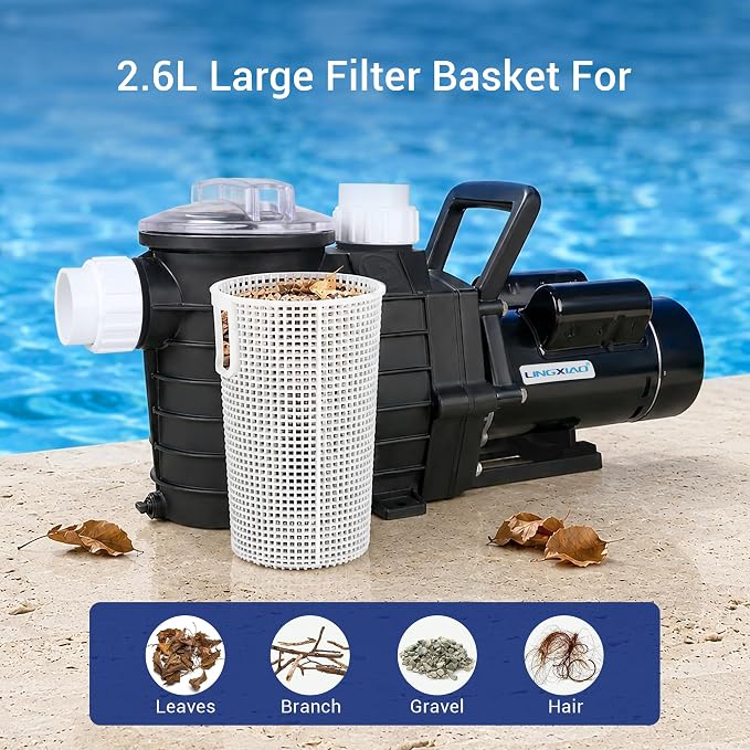 1HP Pool Pump Inground, 6022 GPH, 115/208-230V, Powerful Self Primming In/Above Ground Pool Pump, Low Noise Swimming Pool Pump with Large Filter Basket & 2/1.5" Fittings