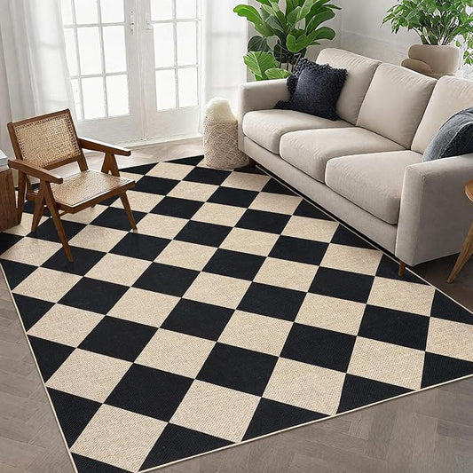 GarveeHome Checkered Easy Jute 5x7 Area Rugs for Living Room Black | Machine Washable Non-Slip Backing Stain Resistant Modern Indoor Outdoor Rugs for Farmhouse Dining Room Patio