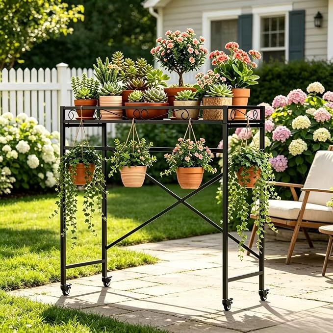 Zhongma 1 Tier Window Height Sturdy Metal Plant Stand with Wheels, 40.5x16x40.4 in High, Heavy Duty Succulent Shelf for Home Indoor and Outdoor, 220 LBS Capacity & Heavy Duty Construction