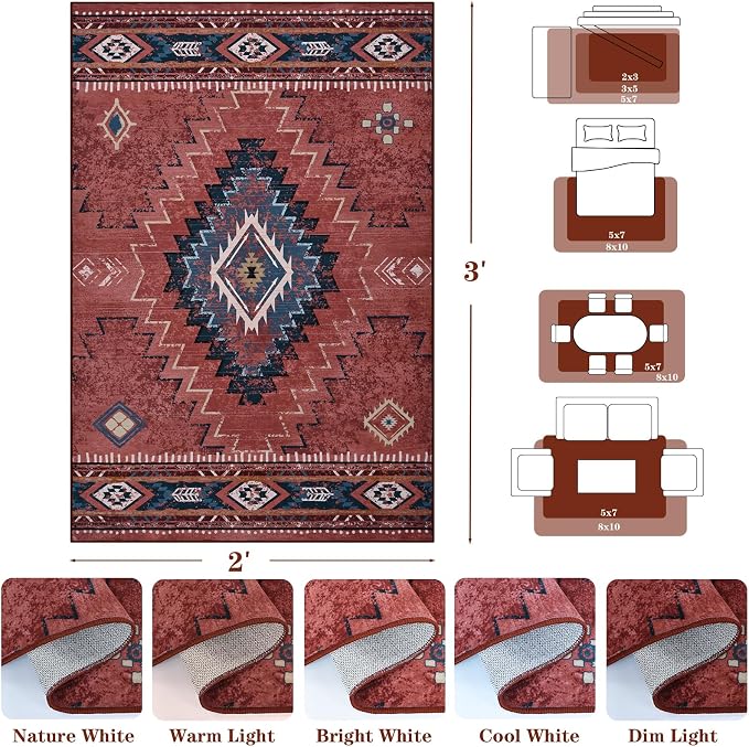 Yinhua 2x3 Area Rug Non-Slip, Western Entryway Rugs Low-Pile | Rust Aztec Washable Rug Stain Resistant, Soft Fall Front Door Rugs with Rubber Backing for Bathroom Kitchen Hallway
