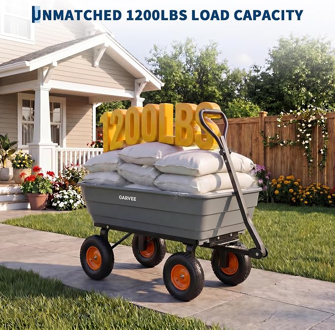 GarveeLife Poly Garden Dump Cart, 1200 lb Wheelbarrow Yard Cart with 13 in Wheels, Quick-Dump & Towable Utility Wagon for Yard, Soil, Rocks（Gray）