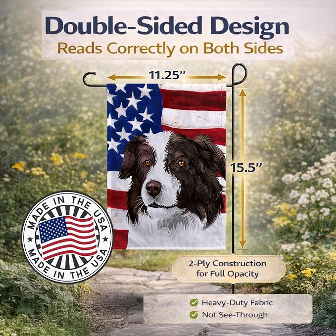 Caroline's Treasures CK6447GF Border Collie Dog American Flag Garden Flag Mailbox Flag Decorative Yard Flag Banner Outside Patio Artwork Yard Flower Beds, Garden Size, Multicolor