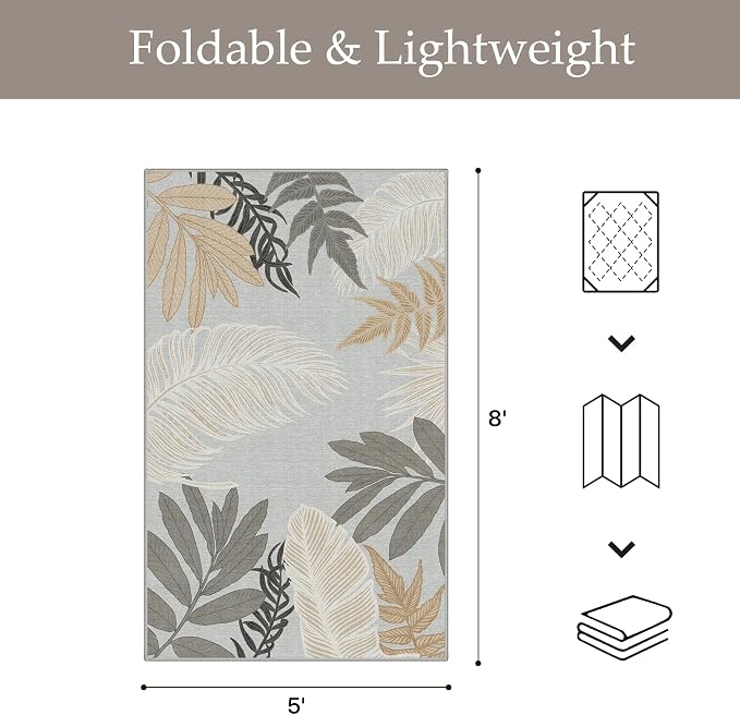 GENIMO Outdoor & Indoor Area Rug 5'x8', Waterproof, Non-Shedding, Easy Cleaning, Leaf Mat for Patio, Living Room, Balcony, Dining Room, RV, Deck, Bedroom, Camping, Outside Carpet, Sand Grey