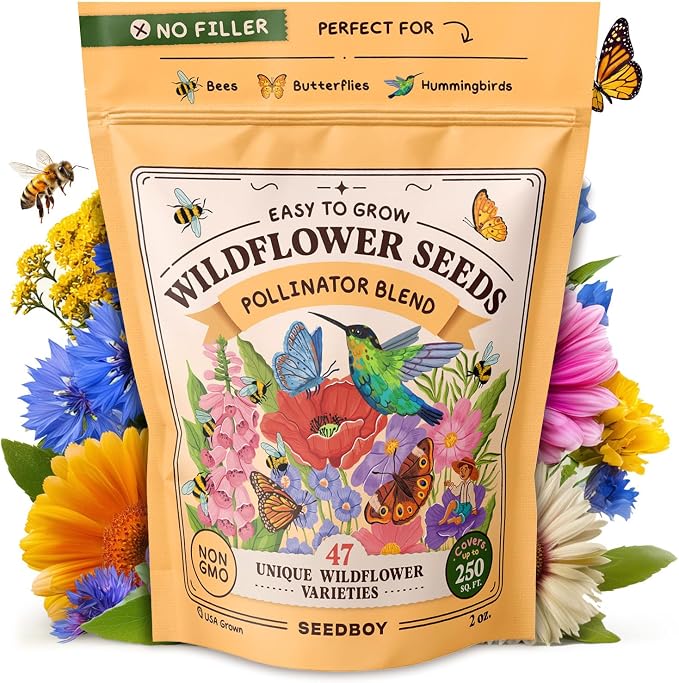 Seedboy Wildflowers for Pollinators Seed Mix - 2 oz Bulk Wildflower Seeds - 40,000+ Non-GMO Seeds for Bees Butterflies Hummingbirds - 47 Varieties of Annual & Perennial Wild Flowers for Planting (2oz)