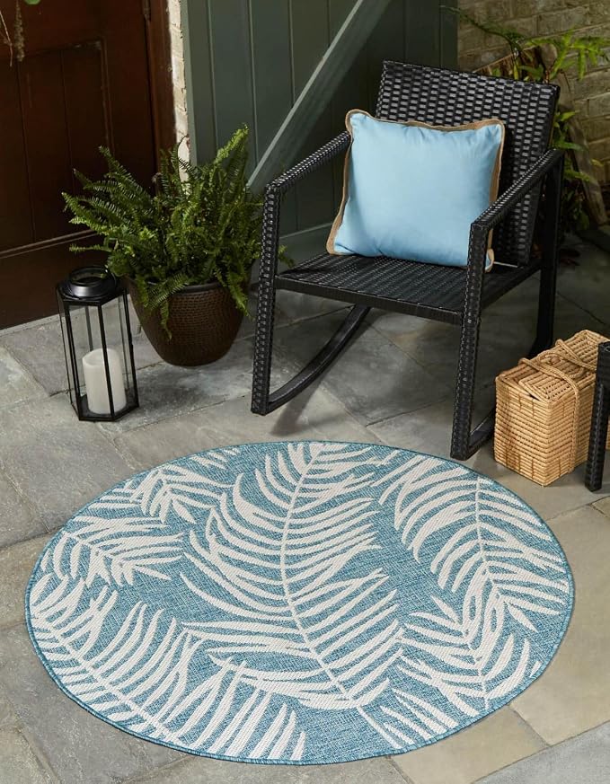 Unique Loom Outdoor Botanical Collection Area Rug - Palm (10' Round Light Aqua/Ivory)