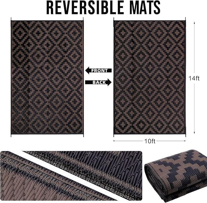 OLANLY Waterproof Outdoor Rug 10x14 ft, Outdoor Plastic Straw Rug for Camping, RV Mat Outside, Outdoor Carpet for Porch, Deck, Backyard, Balcony, Picnic, Black & Brown