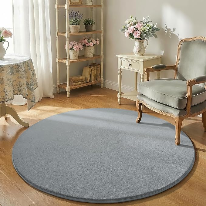 Amearea Grey Round Area Rugs 5ft Circle Rugs for Bedroom Living Room | Washable Fluffy Indoor Thickened Memory Foam Rug, Non Slip Minimalist Circular Carpet for Boys Girls Dorm Nursery Room Decor