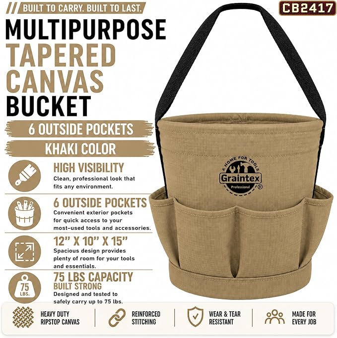 Graintex Tapered Canvas Bucket 12"x10"x15", Utility Tool Bucket 6 Pockets Outside, Reinforced Base & Carry Handle, Ripstop Canvas, Multi-Purpose Bag for Jobsite & Home Use
