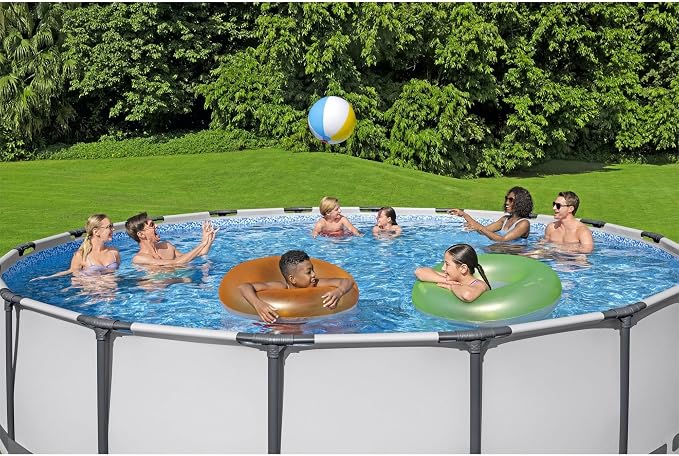 Bestway Steel Pro MAX 16' x 48" Above Ground Swimming Pool Set with Pump | Durable Round Metal Frame Outdoor Backyard Pool, Puncture-Resistant Liner - Ladder and Cover Included, Gray