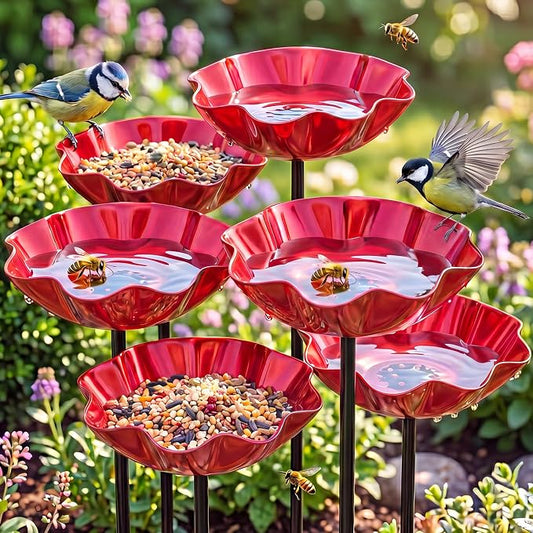 LemonRoad 6 Pcs Metal Bird Baths for Outdoors Flower Pattern Bird Bath Feeders with Metal Stake for Garden Yard Lawn Outdoor Decor (Red)