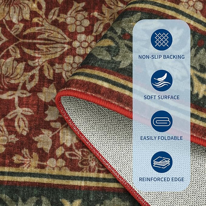 GarveeHome Washable 2.5x10 Hallway Runner Rug Non Slip Kitchen Rugs, Red | Boho Vintage Runner Rugs with Rubber Backing Soft Low-Pile Stain Resistant Indoor Long Carpet for Entryway Bedroom Laundry