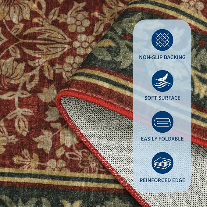 GarveeHome Washable 2x6 Hallway Runner Rug Non Slip Kitchen Rugs, Red | Boho Vintage Runner Rugs with Rubber Backing Soft Low-Pile Stain Resistant Indoor Long Carpet for Entryway Bedroom Laundry