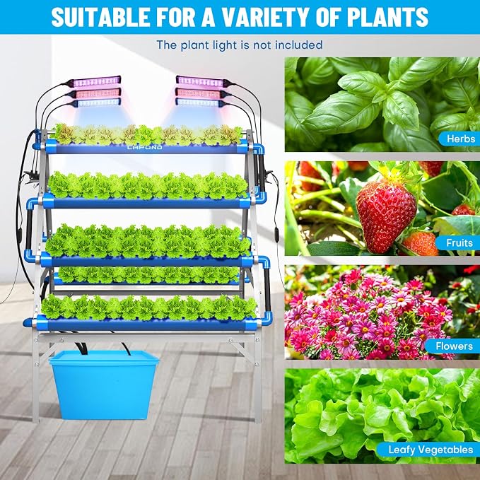 A-Type 72 Plant Sites Hydroponics Growing System Kit with Light Blocking | Easy to Install, Food-Grade PVC-U Pipes, with Water Pump Timer, Sponge and Hole Cover for Leafy Greens, Indoor & Outdoor Use