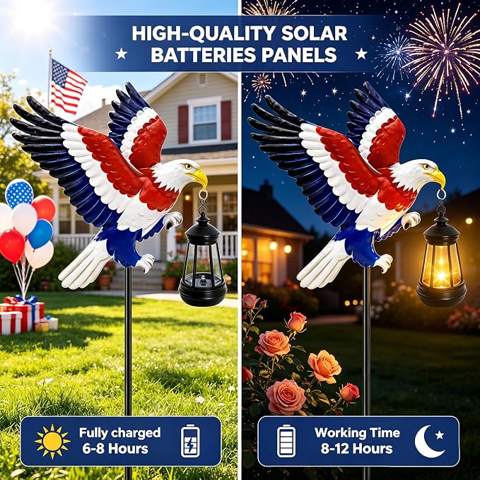 4th of July Decorations 250th anniversary Bald Eagle Solar Garden Light Outdoor Waterproof, Gift for family and friends, Stake Light with Solar Lantern,Solar Lights Yard Art Outside Patio Garden Decor