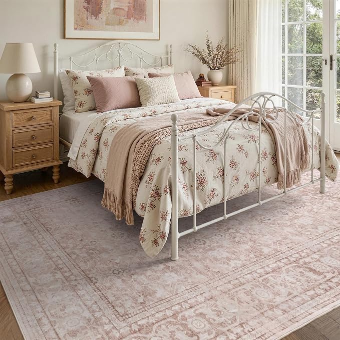 8x10 Ft Large Area Rugs for Living Room, Soft Non-Slip Machine Washable Rug, Vintage Stain Resistant Carpets for Bedroom Nursery Dining Room Home Decor (Grey Pink)