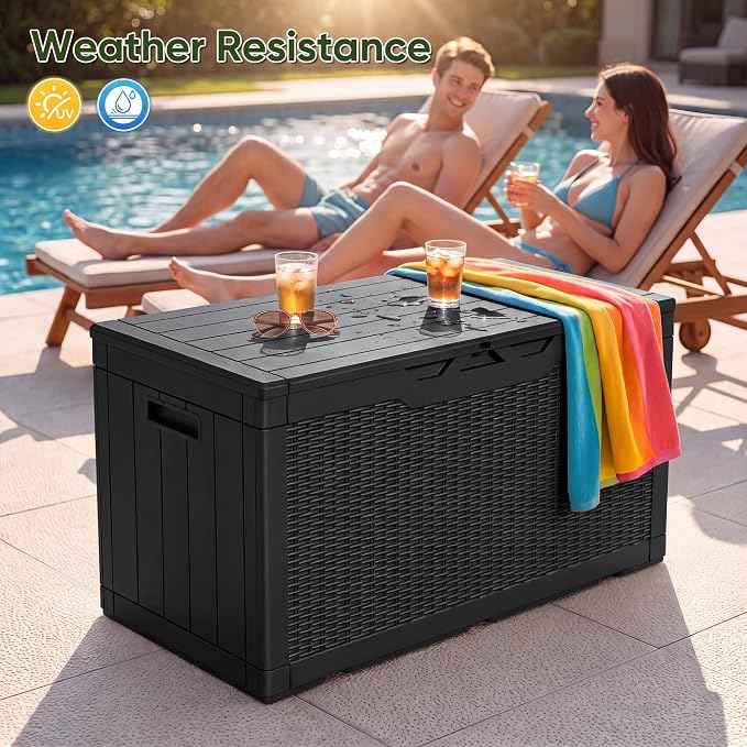 Flamaker Outdoor Storage Box 100 Gallon Waterproof Resin Deck Box Delivery Box with Air Rod Indoor Outdoor Lockable Storage Bench for Patio Cushions, Tools, Pool Accessories (Black)
