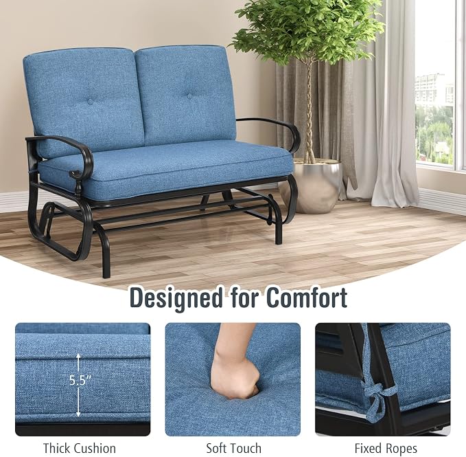 Giantex Outdoor Glider Bench, Patio Loveseat with Cushions, 440 Lbs Capacity, 2-Person Outdoor Rocking Chair, Porch Glider Swing for Garden, Backyard, Poolside, Patio Seating Rocker (Navy)