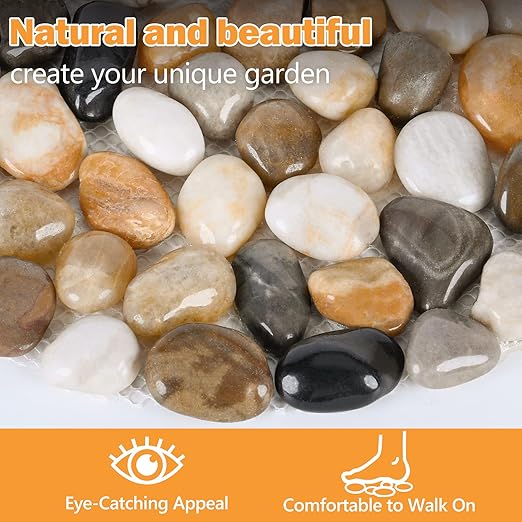 River Rock Stepping Stones Outdoor for Garden Walkway, 10 inch Diameter 5 Pcs Round Shape Paver Step Stones Polished Pebble River Stone Mat for Yard Lawn Patio Pathway Walk Way - Multi-Color