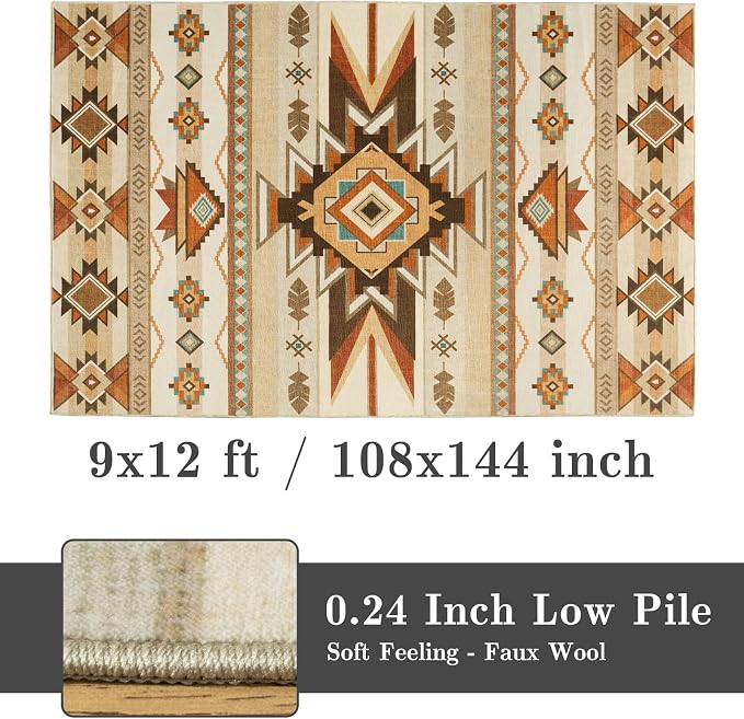 9x12 Southwestern Aztec Area Rug for Living Room Bedroom Dining Room Beige | 9x12 Southwestern Tribal Beige Low Pile Faux Wool Rug, Machine Washable Non-Slip Large Carpet for Living Room Dining Bedroom
