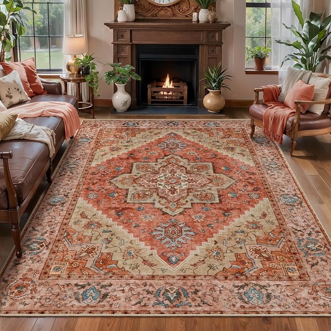 Tangsoo Vintage 4x6 Area Rugs for Living Room, Washable Indoor Non Slip Rug | Oriental Machine Washable Large Rug Carpet, Boho Soft Low Pile Foldable Rugs for Dining Room Bedroom Dorm Bedside Terracotta