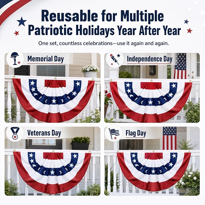 4 Pack USA Pleated Fan Flags - 1.5x3FT American Flag Bunting for Outside, Red White Blue Bunting Banner with Brass Grommets, Patriotic Porch Decor for Independence Day, July 4th, Memorial Day