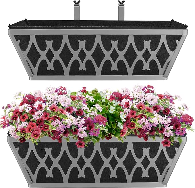 4 Pack 16 Inch Window Boxes Planters Railing Planter Box with Adjustable Brackets & Non-Woven Fabric Plant Grow Bags Deck Railing Planter Boxes Balcony Hanging Flower Box for Outdoor Plants