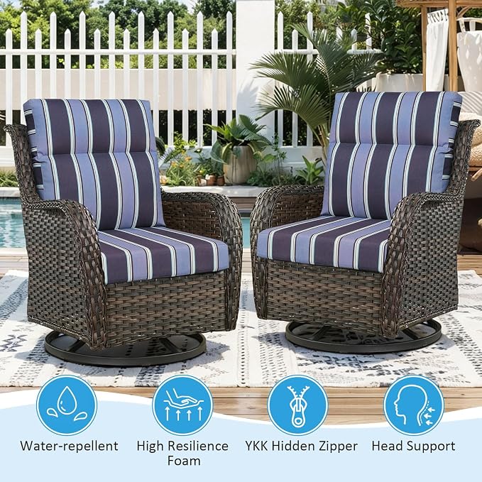 Outdoor Patio Chair Cushions 44x21x3.5 inch, Set of 2 Thicken Comfy Cushions for Rocker Non Slip Fade Shield Water Repellent High Back with Ties, Navy Blue Stripe