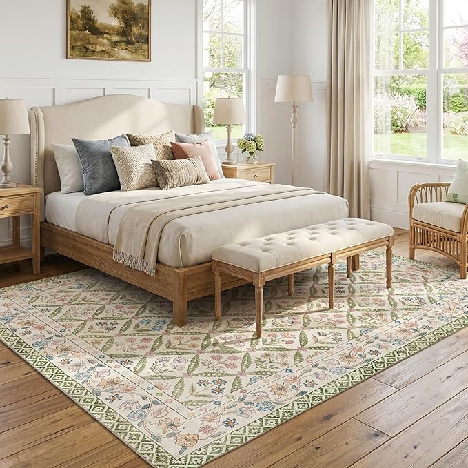 jinchan 8x10 Vintage Floral Washable Large Living Room Area Rug, Sage Green | Soft & Lightweight, Checkered Floral, Low Pile, Non Slip, Bedroom, Dining Room, Girls Room, Home Office, Cottage Decor