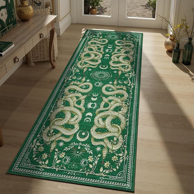 DCX 2x6 Washable Snake Rug for Living Room, Non Slip Low Pile Rug, Green | Rugs for entryway, kitchen, dining room, office, soft, kid & pet friendly, sain resistant indoor carpet, home decor