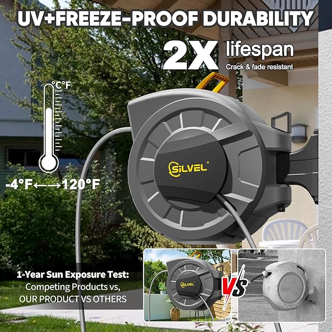 SILVEL 1/2 in x 110 FT Retractable Garden Hose Reel, UV Resistant Heavy Duty Automatic Hose Reel Wall Mount with 10 Pattern Nozzle, Any Length Lock & Slow Return System, 180°Swivel Bracket, Yellow
