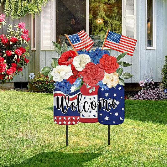 MorningRo Patriotic 4th of July Yard Sign American Flag Outdoor Decor 26" Patriotic Welcome Yard Outdoor Decor 250th Anniversary Flag Floral Vase Decorative Lawn Sign for Outside Garden Lawn Patio