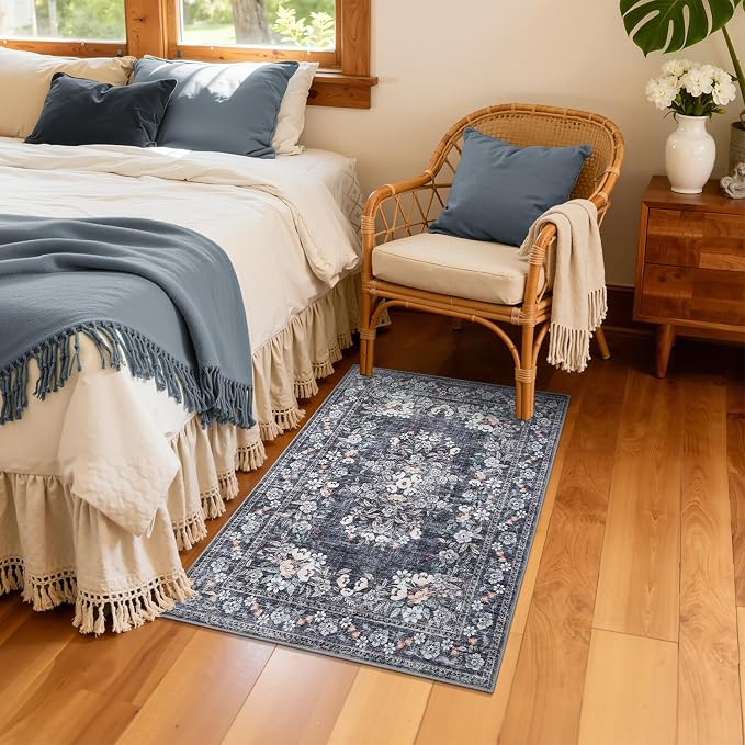 GarveeHome Washable 2x3 Vintage Rug for Hallway Floral Accent Mat | Boho Botanical Small Accent Mats Non-Slip Low Pile Bordered Kitchen Floor Carpets Flower Area Rugs for Bathroom Porch Blue