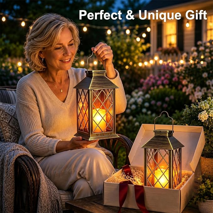 Solar Lanterns Outdoor Waterproof, 2 Pack 14'' Large Tempered Glass Outdoor Lanterns with Flameless Candle, Solar Hanging Lantern Decorative for Patio Porch Garden Table Deck Outside - Bronze
