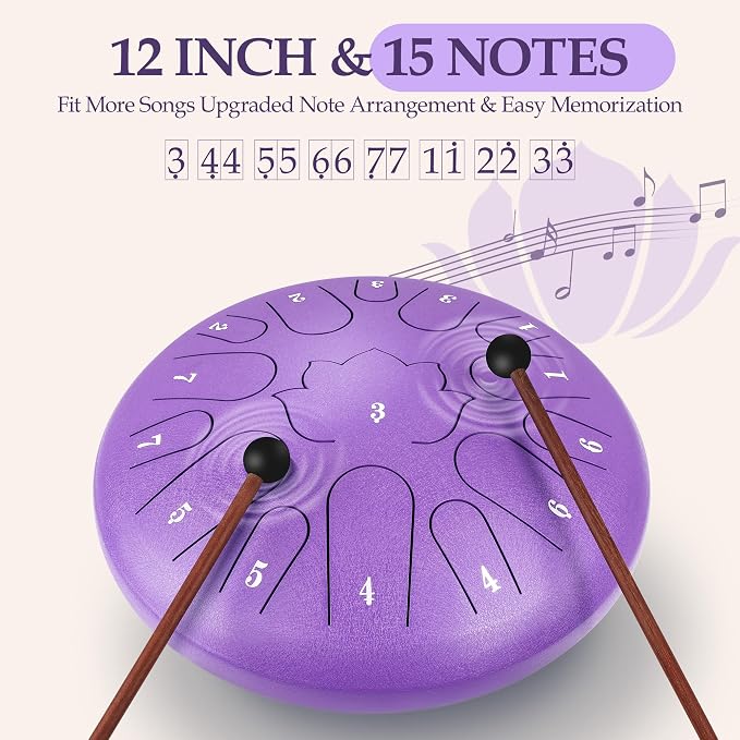 Rain Drum for Outside - 15 Note 12 Inch Steel Tongue Drum - Handpan Drum for Meditation and Beginners with Music Book, Rain Drum Mallet, and Carrying Bag(Purple, 12 lnch)