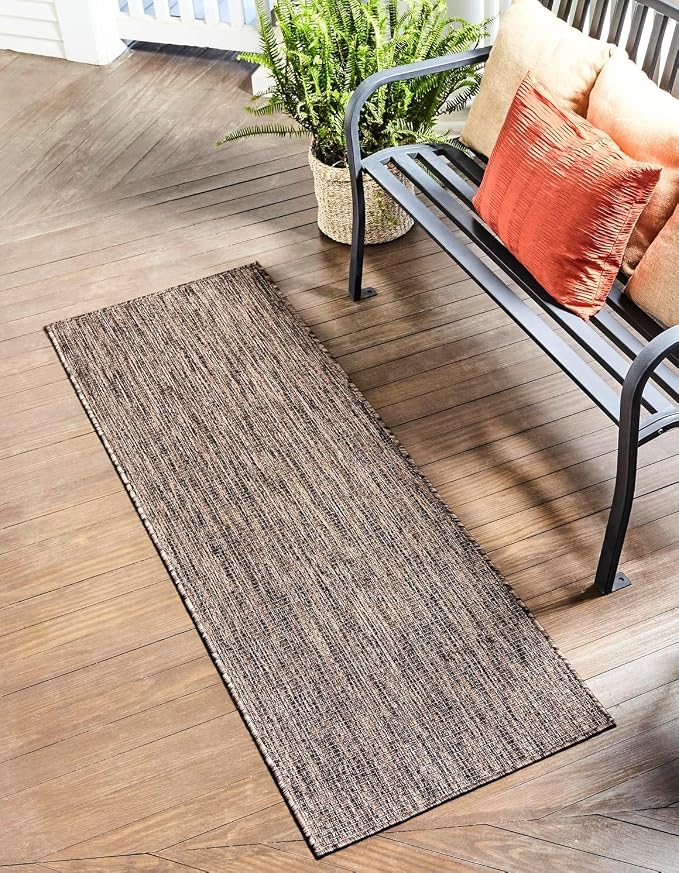 Unique Loom Outdoor Solid Collection Area Rug (2' x 8' Runner Light Brown/Ivory)