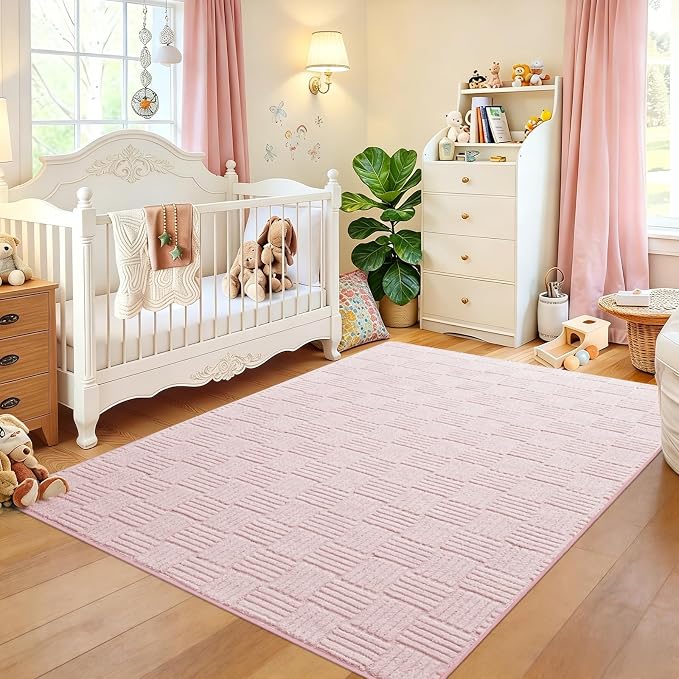 3x5 Pink Washable Shag Area Rug for Girls Bedroom, Modern Geometric Non Slip Living Room Rugs, Fluffy Soft Thick Carpet for Kids Room, Dorm, Office, Bedside, Entryway and Home Decor