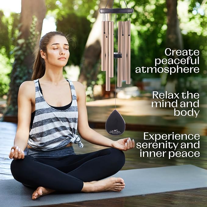 Gold Wind Chimes for Outside Deep Tone, 28 Inch Havasu Hand Tuned E Major Wind Chime, Adjustable Clapper, Aluminum Beech Wood Garden Patio Porch Decor, Memorial Housewarming Gift