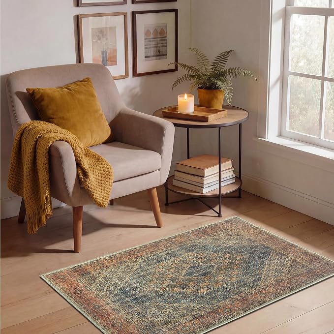 Keen Home Design Vintage Washable Entryway Rug, Non-Slip Low Pile, 2x3 | Machine Washable Cotton Chenille, 0.25In Low Pile, Rubber Non-Slip Back; Kitchen, Entryway, Bathroom, Bedside