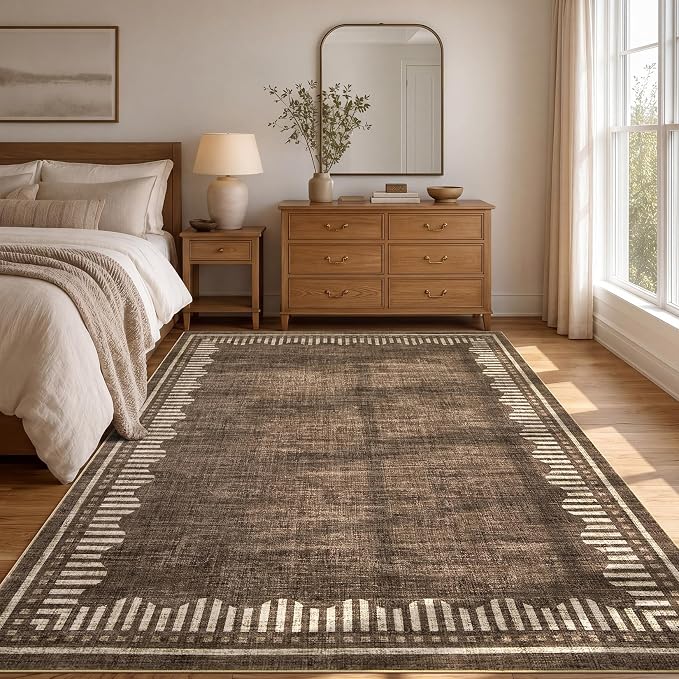 Garvee 4x6 Scalloped Area Rugs Living Room Bedroom Washable Neutral Rug | Modern Gometric Brown Solid Color Nursery Rugs Low Pile Stain Resistant Non Slip Kitchen Entry Home Office Throw Carpet
