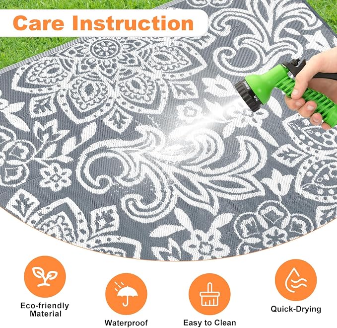 Findosom Waterproof Outdoor Rug 9' x 12' - Reversible Mandala Outdoor Plastic Straw Rug, Durable Foldable Patio Rug for RV, Deck, Balcony, Backyard, Picnic, Porch, Camping, Beach, Gray