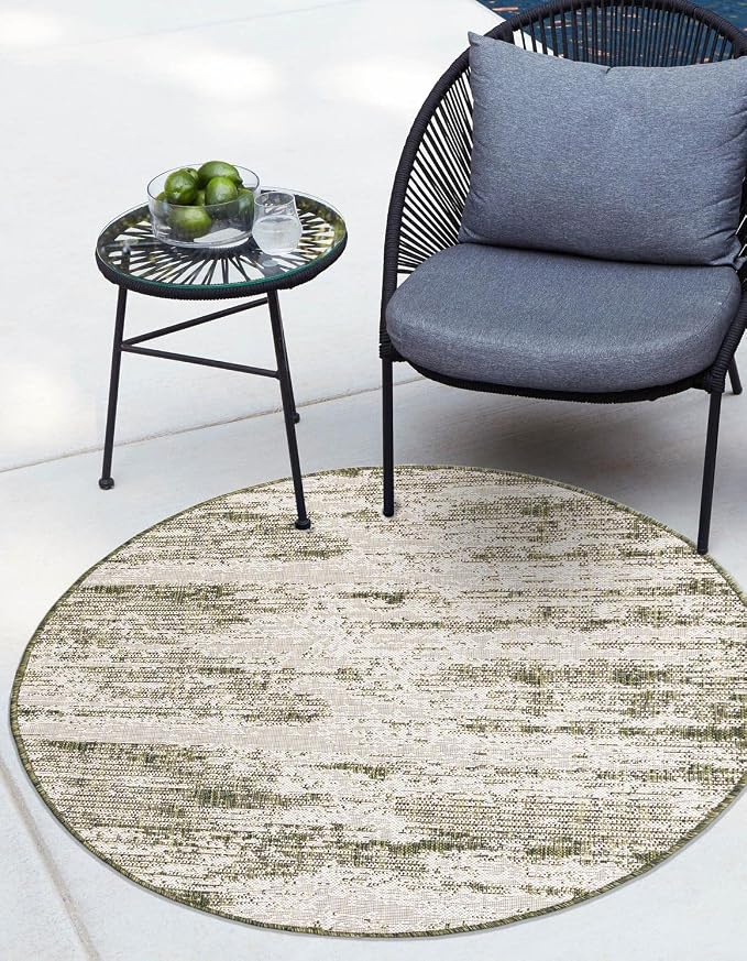 Unique Loom Outdoor Modern Collection Area Rug - Cartago (4' 1" Round, Green/ Ivory)