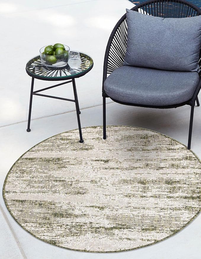 Unique Loom Outdoor Modern Collection Area Rug - Cartago (3' Round, Green/ Ivory)