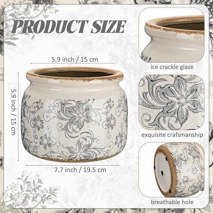 7.7" Large Vintage Ceramic Plant Pot with Baroque Floral Pattern Beige Gray Rustic Planter with Ice Crackle Glaze & Drainage Hole for Indoor Outdoor Plants Home Office Kitchen Decor Gift