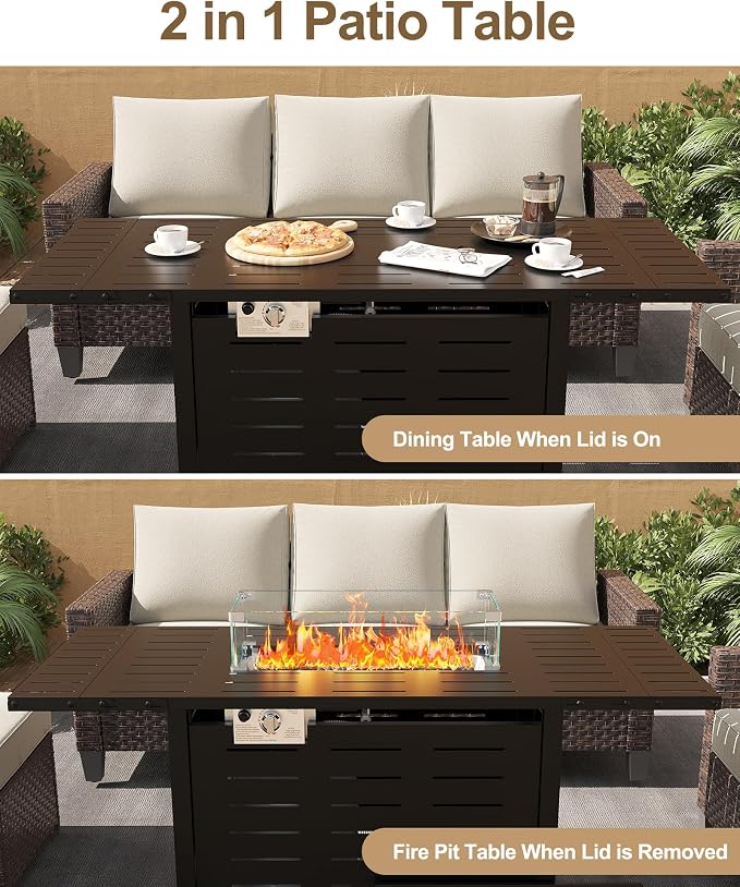 Hipicute 55" Outdoor Propane Fire Pit Table, 48,000 Btu Lp Gas Rectangular Fire Table with Ignition Systems and Lid,Outdoor Firetable with Glass Rocks for Patio Deck Garden Backyard