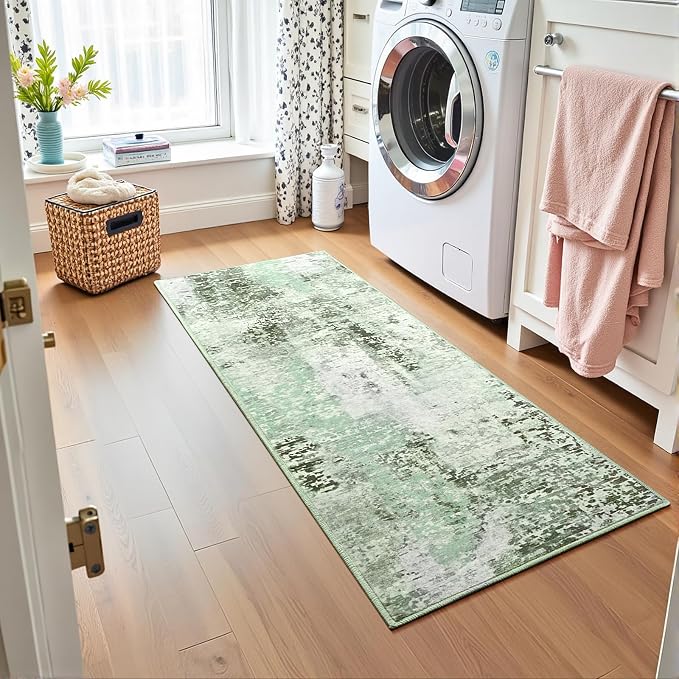 Green Washable Runner Rug for Bedroom, Abstract Non-Slip Soft Entryway Rugs, Modern Low Pile Stain Resistant 2x6 Carpet for Entryway, Kitchen, Hallway, Bedside
