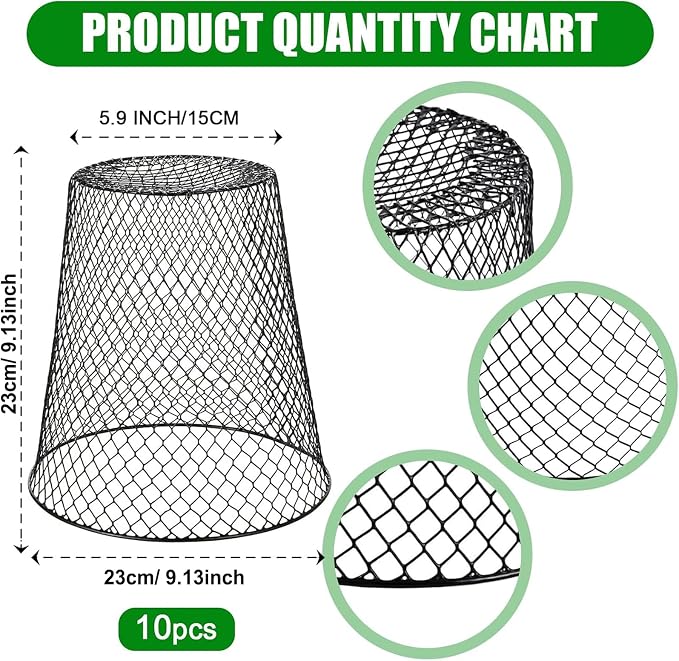 10 Pack 9.13"×9.13" Chicken Wire Cloche Plant Covers - Garden Plant Cloche Metal Heavy Duty Plant Protectors from Animals for Keeping Bunnies Chicken Squirrels Birds Other Out (10, Black)