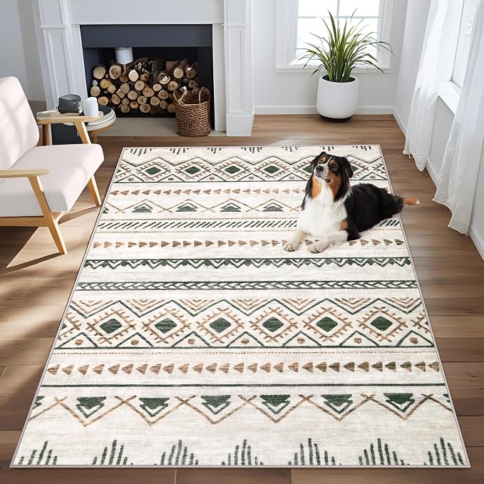 Area Rug 4x6 Geometric Rug: Washable Boho Moroccan Rugs Soft Farmhouse Rug, Modern Neutral Stain Resistant Indoor Floor Carpet for Living Room Bedroom Dining Table Nursery(Brown Green,4'x6')