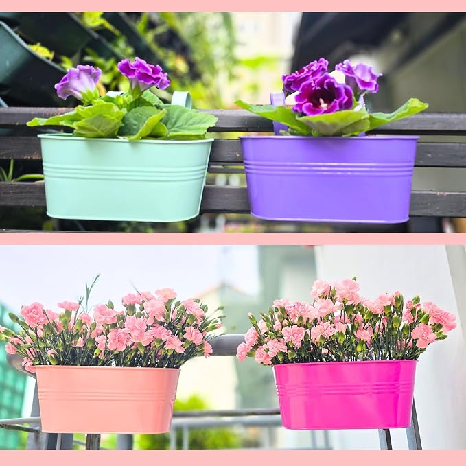 LaLaGreen Rail Planter (17 Inch, 6 Pack) Colorful Metal Hanging Flower Pots Railing Fence Balcony Gardening for Apartment Patio Planters Modern Garden Style Iron Outdoor Decoration Porch Decor